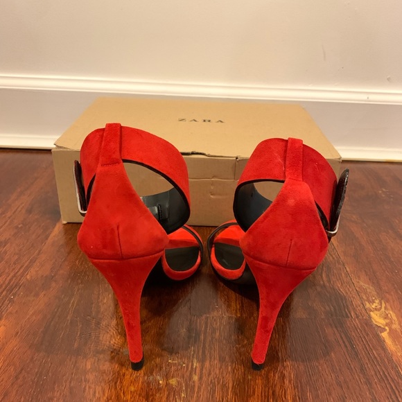 Zara Red Suede Leather High Heel with Ankle Strap - Picture 2 of 6